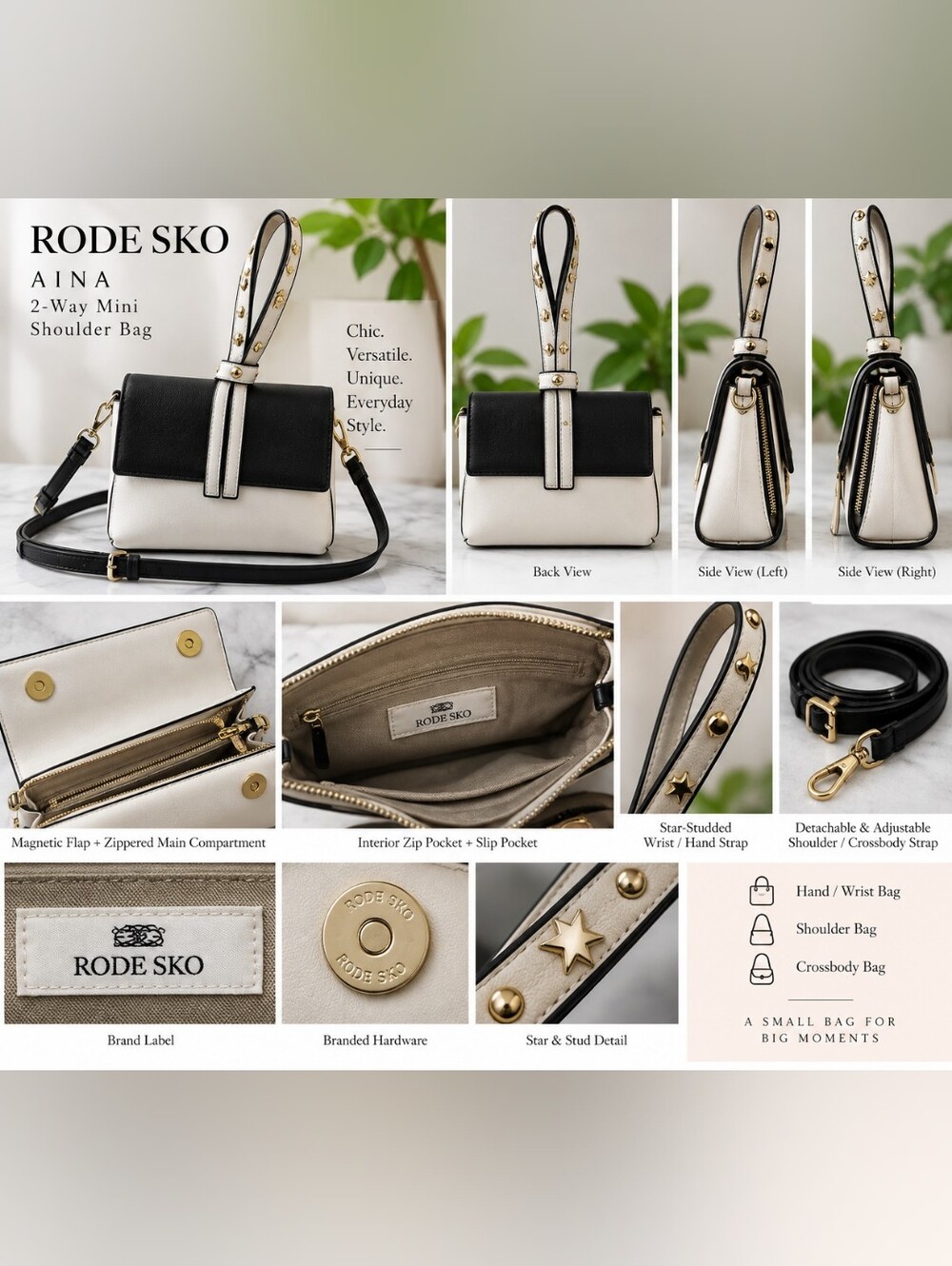 RODE SKO AINA 2-Way Mini Crossbody Bag Black Ivory Star Stud